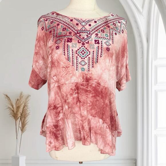 Umgee Embroidered Flutter Sleeve Top Sz M Ruffled Art to Wear Boho Hippie Blouse - Picture 2 of 8